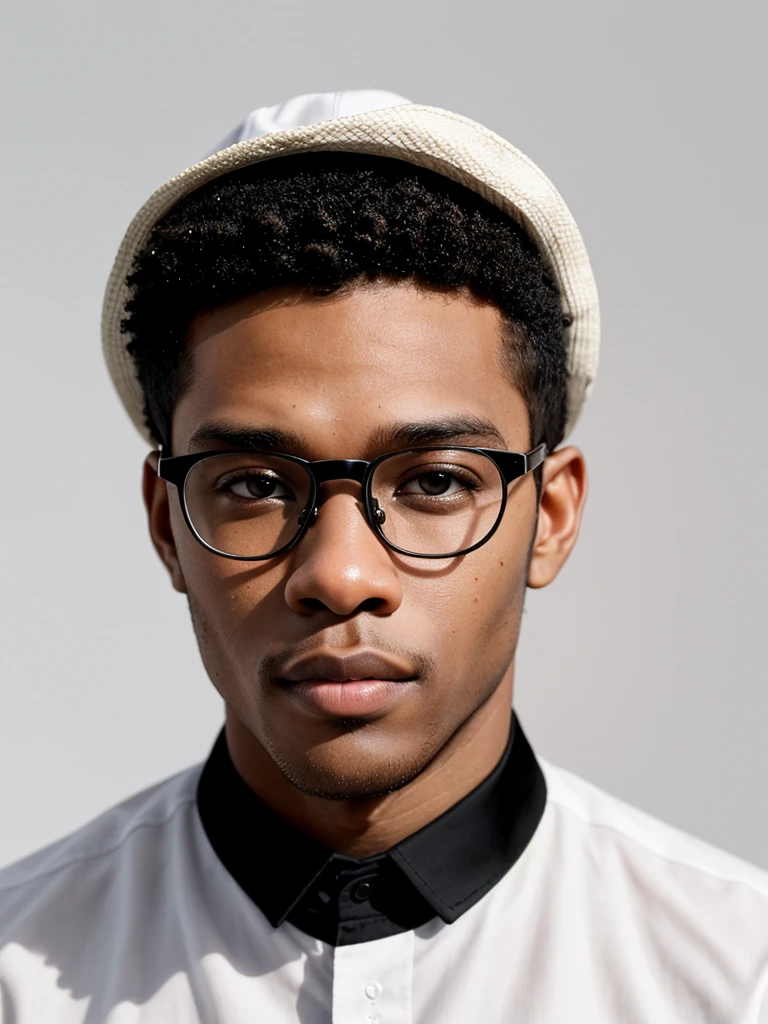 fashion photography, studio lighting, soft light, highly detailed skin, upper body, face focus, BREAK,
(1male, 1man:1.2), muscles, solo, age 21, 21yo, (a young and handsome (black man:1.45):1.1) pose for magazine, look at viewer, wearing (fashion hat:1.2), (elegant eye glasses:1.1), white shirt, BREAK,
(white background:1.4), BREAK,
(undercut brown hair:1.4), (brown eyes:1.4)