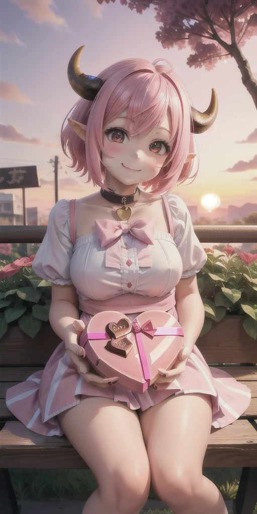 A cute girl with short pink hair, cow ears and horns, giving out a box of heart shape chocolate (box)
smiling, anime, colorfull colors,
flowergarden, sunset, sitting on bench,