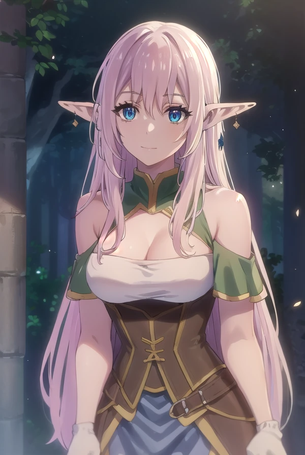 yarandrala, <lora:yarandrala s1-lora-nochekaiser:1>,
yarandrala, long hair, bangs, blue eyes, hair between eyes, very long hair, pink hair, pointy ears, elf, smile,
BREAK gloves, cleavage, jewelry, earrings, corset, dress, green dress, pelvic curtain,
BREAK outdoors,
BREAK looking at viewer, (cowboy shot:1.5),
BREAK <lyco:GoodHands-beta2:1>, (masterpiece:1.2), best quality, high resolution, unity 8k wallpaper, (illustration:0.8), (beautiful detailed eyes:1.6), extremely detailed face, perfect lighting, extremely detailed CG, (perfect hands, perfect anatomy),