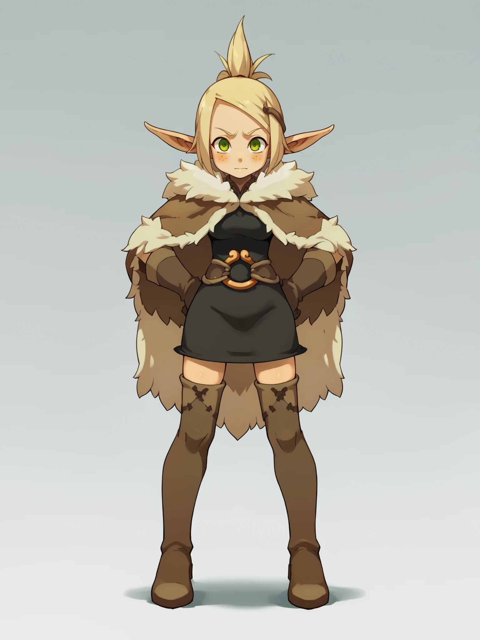 score_9, score_8_up, score_7_up, score_6_up, score_5_up, score_4_up, BREAK, source_cartoon, source_anime,  1girl, evangelyneyoung, blonde hair, hair ornament, green eyes, freckles, elf, fur cape, fur trim, belt, dress, gloves, thigh boots, thighhighs,
hands on hips, full body, standing, solo, looking at viewer, simple background  <lora:EvangelyneXL:1>