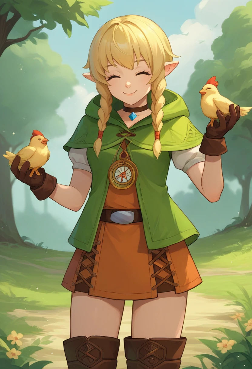 score_9, score_8_up, score_7_up, source_anime, rating_safe, solo, 1girl, linkle, smile, holding chicken, twin braids, closed eyes, green capelet, hood, leather gloves, skirt, thigh boots, choker, belt, outdoors <lora:hyrulewarriors_linkle_ponyXL:1>