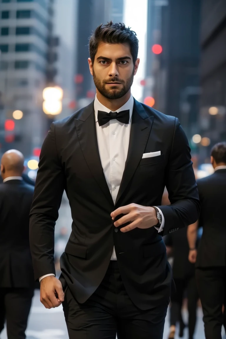 A young man who looks very wealthy and smart, with long hair tied up at the back of his head and a French-cut beard. He has a muscular build with a six-pack, wearing sunglasses, a suit, an expensive watch on his wrist, and black Oxford shoes. Behind him, there is a Lamborghini and a company sign with "Gems Industry" written in large letters.
