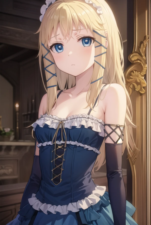 tinasprout, <lora:tina sprout s1-lora-nochekaiser:1>,
tina sprout, long hair, blonde hair, hair ornament, blue eyes,
BREAK gloves, dress, bare shoulders, frills, black gloves, elbow gloves, blue dress, frilled dress,
BREAK indoors,
BREAK looking at viewer, (cowboy shot:1.5),
BREAK <lyco:GoodHands-beta2:1>, (masterpiece:1.2), best quality, high resolution, unity 8k wallpaper, (illustration:0.8), (beautiful detailed eyes:1.6), extremely detailed face, perfect lighting, extremely detailed CG, (perfect hands, perfect anatomy),