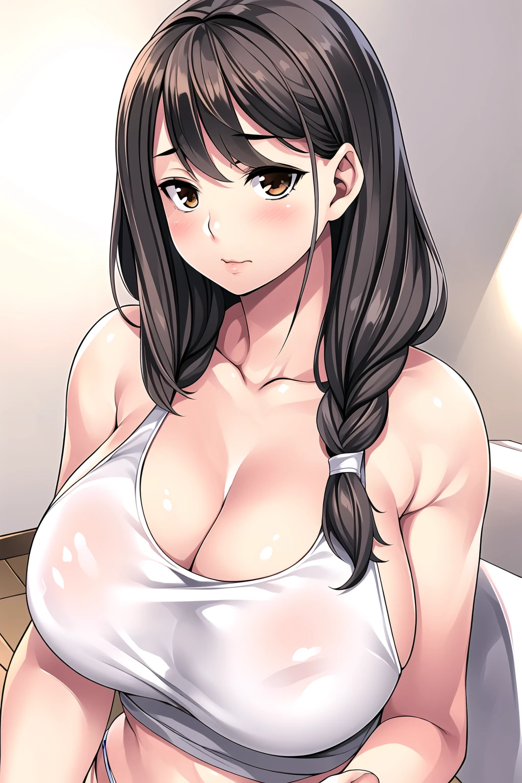 Simple White Background,
white tank top, collarbone, cleavage, bare shoulders, striped, 
<lora:Arisugawa_Yuri_KateinaiSaimin-KK77-V1:0.7>,
Brown eyes, Brown hair,bangs,Long hair,single braid, 
<lora:Oda_Non_Style-KK77-V2:0.3>,<lora:more_details:0.1>,
1 girl, 20yo,Young female,Beautiful long legs,Beautiful body,
Beautiful Nose,Beautiful character design, perfect eyes, perfect face,expressive eyes,perfect balance,
looking at viewer,(Focus on her face),closed mouth, (innocent_big_eyes:1.0),(Light_Smile:0.3),
official art,extremely detailed CG unity 8k wallpaper, perfect lighting,Colorful, Bright_Front_face_Lighting,White skin,
(masterpiece:1.0),(best_quality:1.0), ultra high res,4K,ultra-detailed,
photography, 8K, HDR, highres, absurdres:1.2, Kodak portra 400, film grain, blurry background, bokeh:1.2, lens flare, (vibrant_color:1.2),professional photograph,
(Beautiful,huge_Breasts:1.6), (beautiful_face:1.5),(narrow_waist),