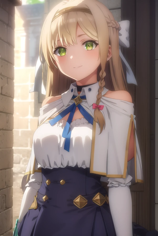 klaudiavalentz, <lora:klaudia valentz s1-lora-nochekaiser:1>,
klaudia valentz, long hair, blonde hair, bow, ribbon, (green eyes:1.3), braid, hairband, side braid, smile,
BREAK skirt, gloves, cleavage, choker, capelet, bridal gauntlets, white capelet,
BREAK outdoors,
BREAK looking at viewer, (cowboy shot:1.5),
BREAK <lyco:GoodHands-beta2:1>, (masterpiece:1.2), best quality, high resolution, unity 8k wallpaper, (illustration:0.8), (beautiful detailed eyes:1.6), extremely detailed face, perfect lighting, extremely detailed CG, (perfect hands, perfect anatomy),
