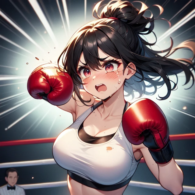 A dark-haired, short-cut, Female boxer,maikurobikini,I'm opening my mouth,Autumn moments,syncope,Down Scene,knockout,cum faced,Splattering sweat,AHE Face,Bedroom at night on background, Boxing play,((look up to)),rearing, Silly,Red Boxing Gloves,((Leaning back)),Closing both eyes