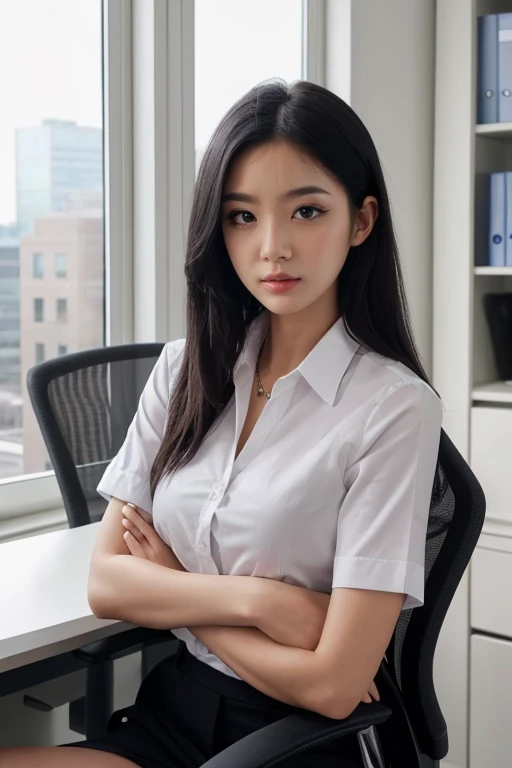 ((masterpiece, best quality)), solo, (girl) sitting in an office chair, wearing a white shirt, thick body, long hair, sophisticated, serious, seductive face, black hair, eyes, 8k, masterpiece, detailed background, unreal engine, absurdres, office girl,