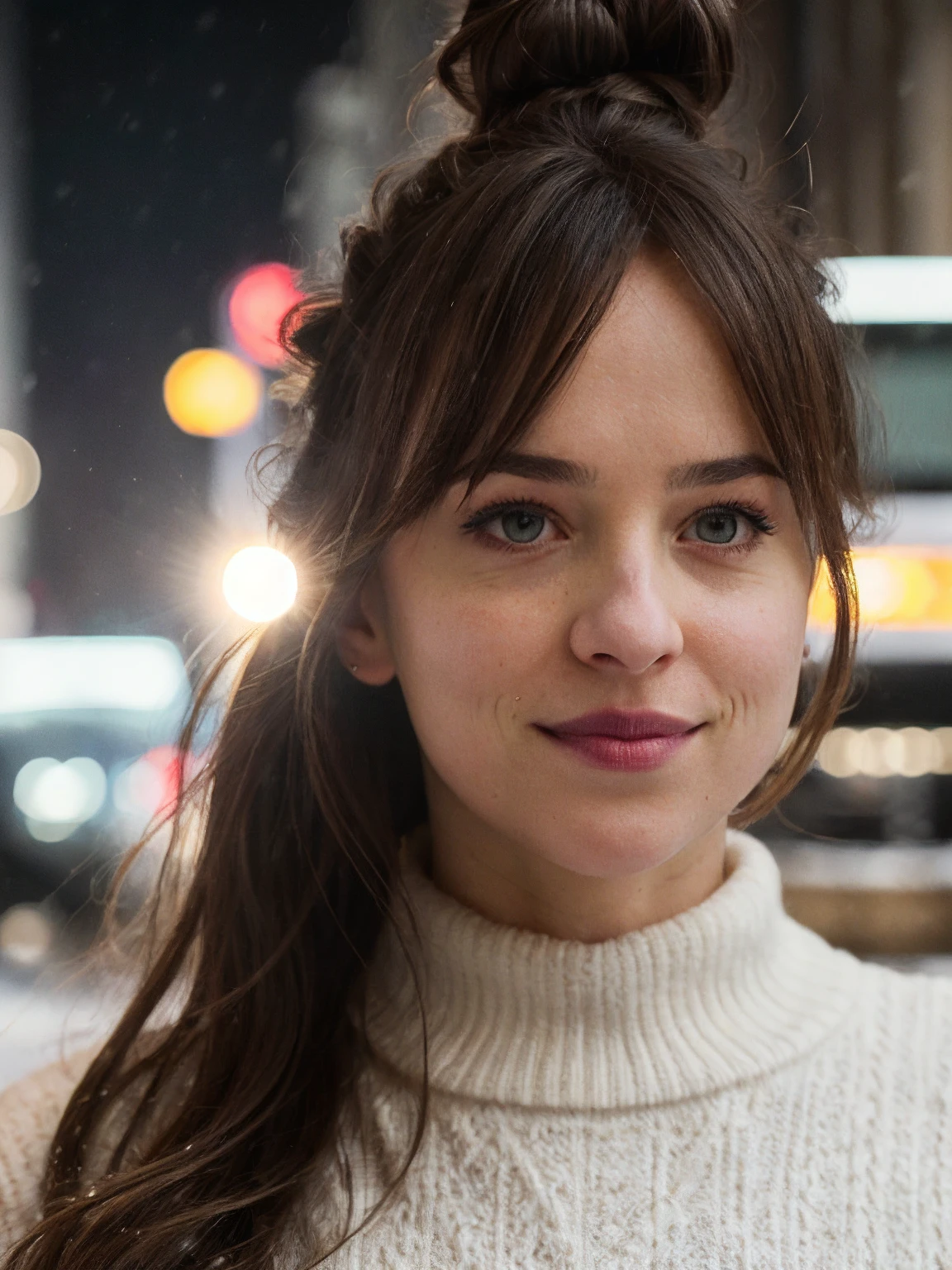 dkjt,hair bun,close-up,masterpiece,snow,city street,bokeh,dof,highly detailed,soft lighting,volumetric lighting,film grain,cinematic