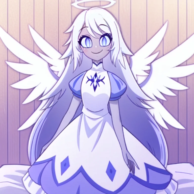 (in a wooden bedroom:1.1), a girl, angel, angel wings, blue eyes, colored skin, Emily, grey skin:1.2, halo, light blue sclera, long hair, closed mouth, petite, smile, very long hair, white dress, white hair, colored skin, <lora:EmilyHazbinv1:0.8>