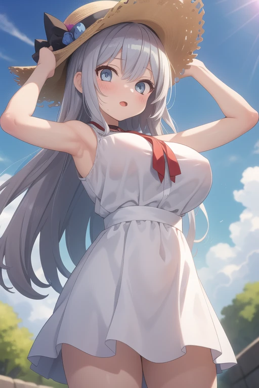 ((masterpiece)),(((best quality))),1girl,anime,illustration,beautiful girl,smooth skin,beautiful,colourful,smooth skin,artstation,((high resolution)),(ultra quality),(highly detail eyes),(perfect eyes),(both eyes are the same),glare,Iridescent,Global illumination,perfect hands,real hair movement,chibi,disheveled hair,long hair,curly hair,grey hair,park,sundress,sun_hat,big breasts,from_below,