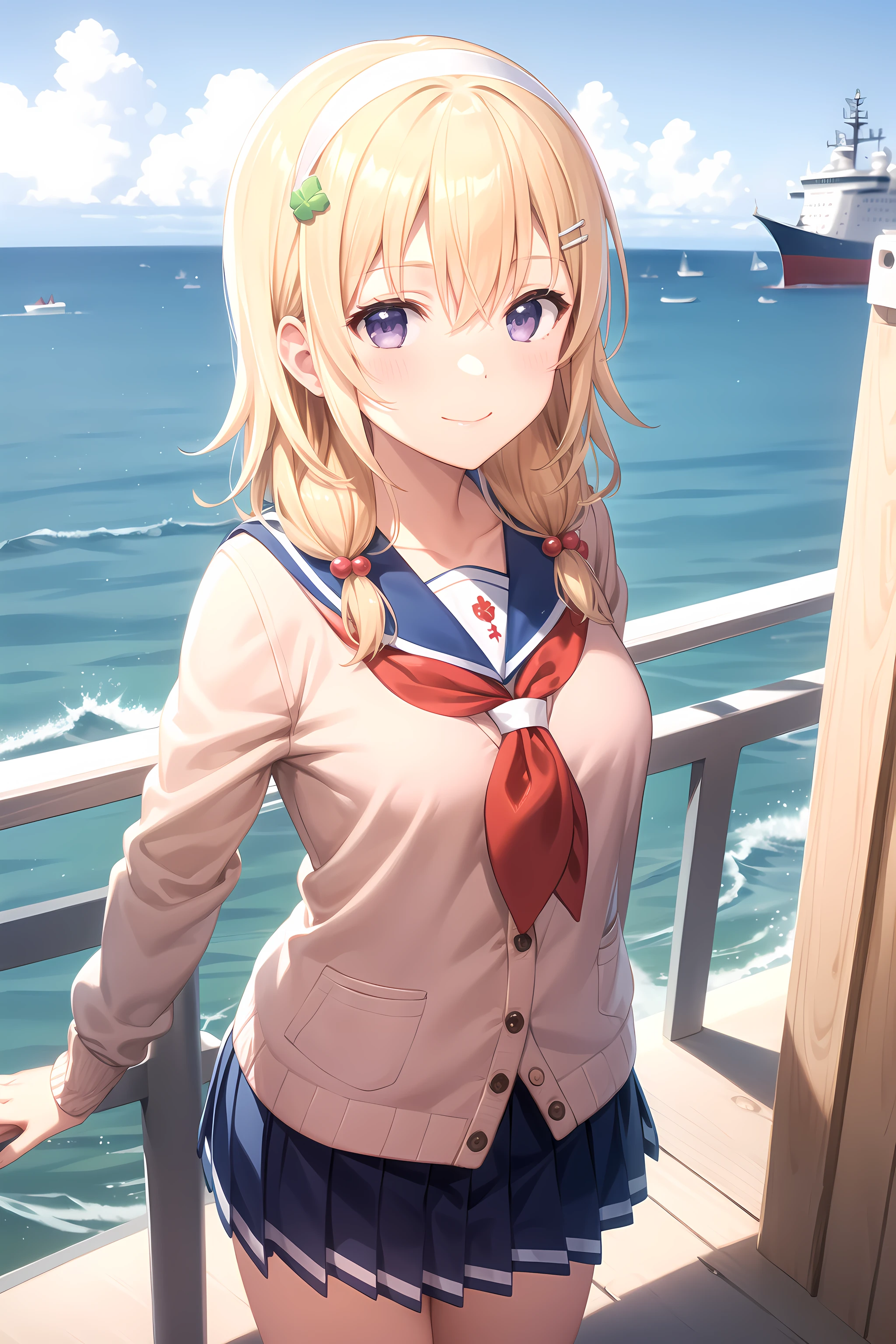 best quality, masterpiece, detailed,
<lora:HighSchoolFleet_WakasaReo:0.8>, WakasaReo,
1girl, closed mouth, light smile,
blonde hair, purple eyes, medium hair, clover hair ornament, white hairband, hair bobbles,
pink cardigan, sailor collar, blue skirt, red neckerchief,
standing, looking at viewer, arms at sides,
ocean, (ship, military vehicle:1.2)