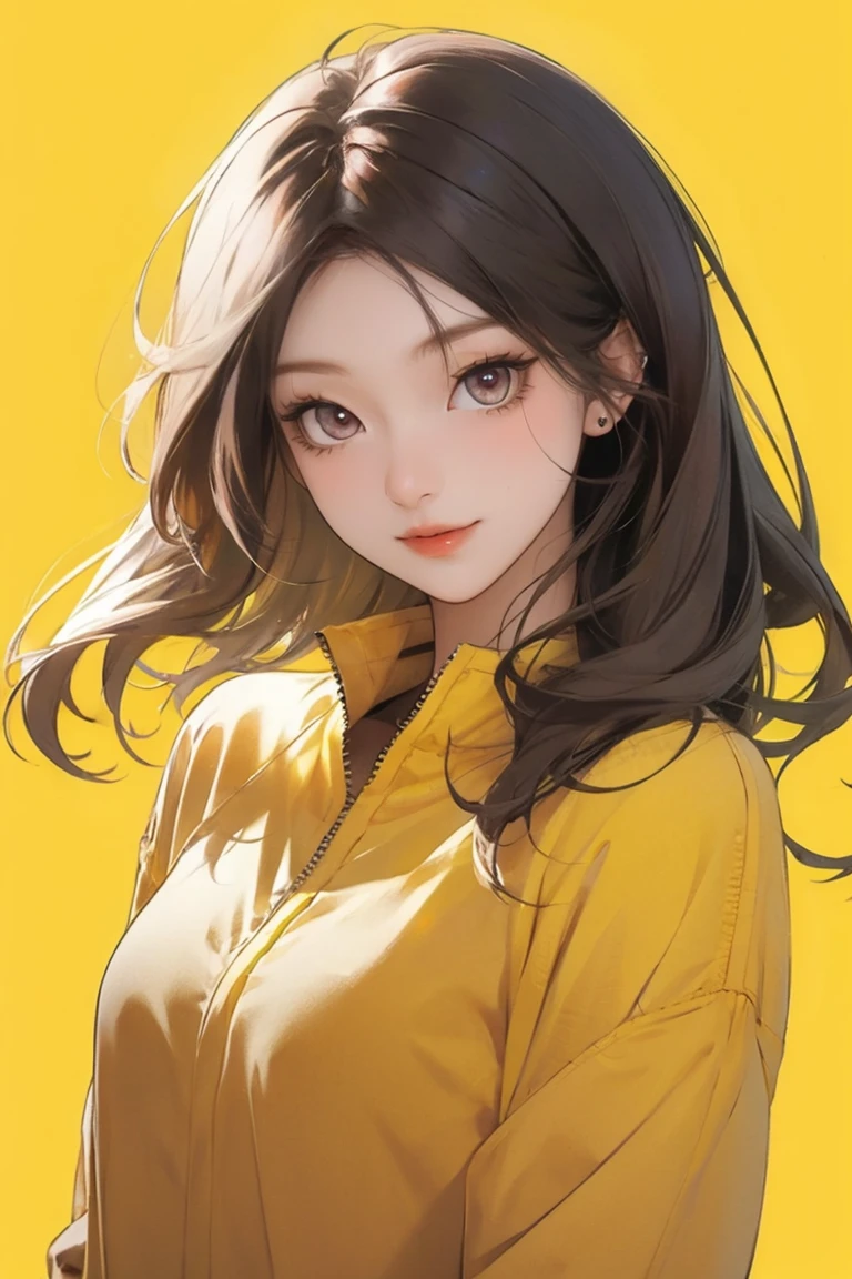 Chica con cabello largo y amarillo, ojos amarillos, Vibraciones futuristas, mask in the mouth, auriculares, 8k, alta calidad, Fondo simple, ojos brillantes, Buena pose