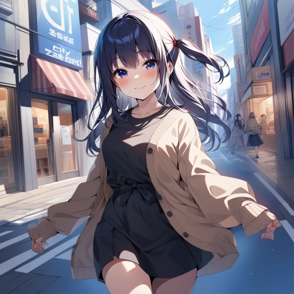 [high quality, best quality], 1girl, solo, nagase mana, one side up, <lora:mana_xl-000024:0.75>, casual, street, city, smile, blush