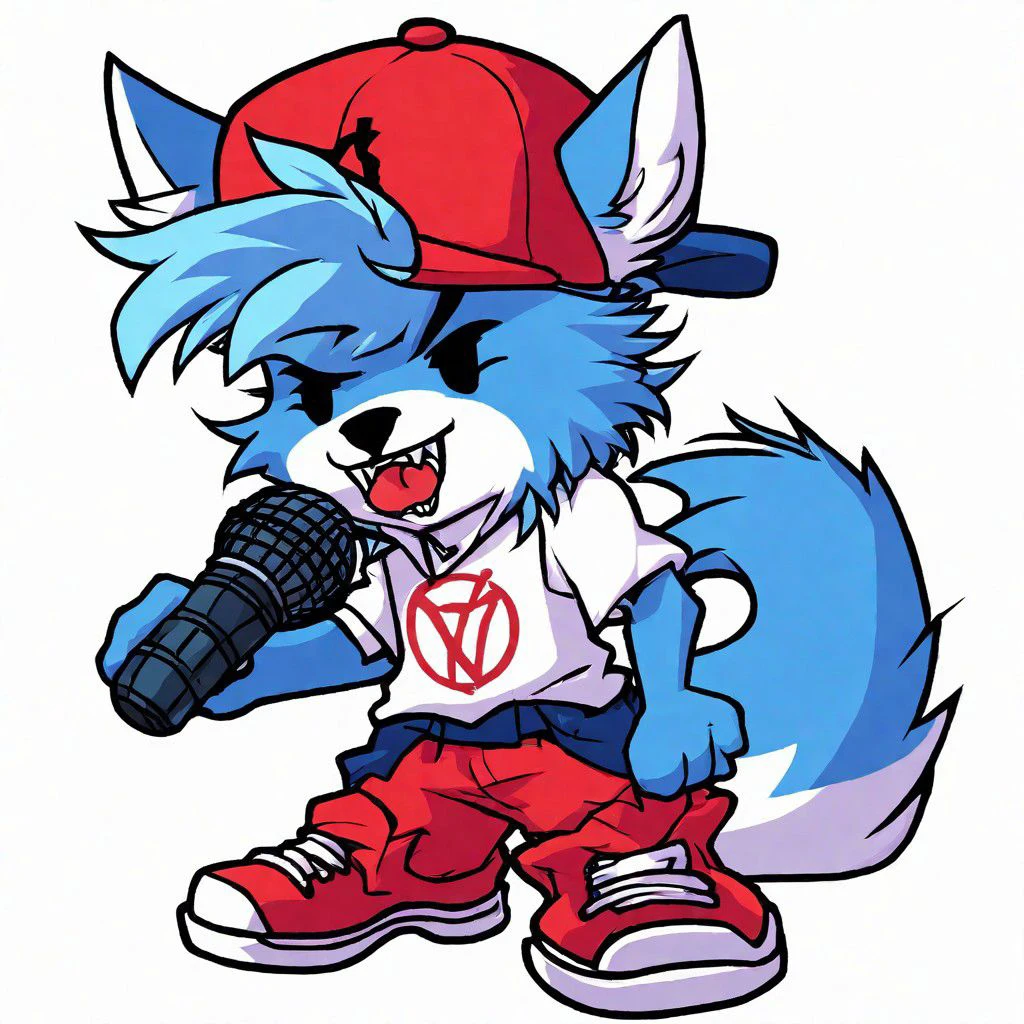 1boy, cartoon, wolf ears, red hat, baseball cap, backwards hat, white shirt,  red cancel logo on shirt, blue fur, wolf boy, wolf tail, ripped cloths, baggy pants, big shoes, claws, mic, holding mic, black eyes, fangs, chibi, v-shaped eyebrows, singing