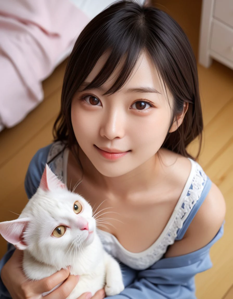 1girl, Japanese MILF hold a cat, happy, smile, girl's room, women's clothes, close up, view from above,
8k, RAW, best quality, natural skin, detailed skin, (skindentation:0.3), depth of field