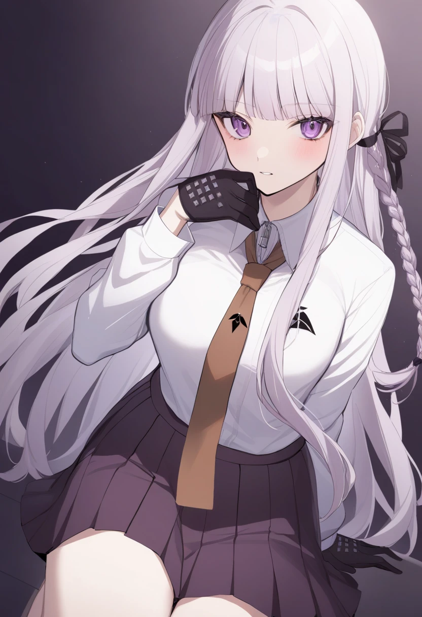 <lora:KyokoDG:1>, KyokoDG, 1girl, necktie, solo, jacket, shirt, looking at viewer, long sleeves, white shirt, collared shirt, sitting on chair, classroom, pink blood,