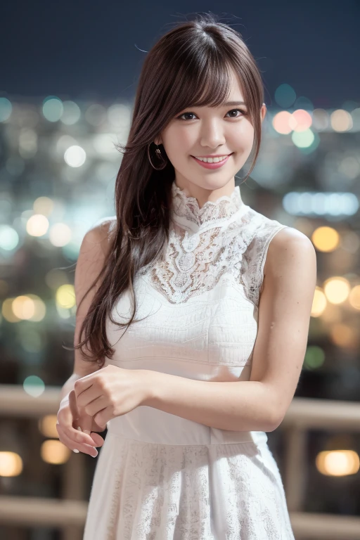 1girl, (sleeveless lace dress:1.6),(RAW photo, best quality), (realistic, photo-realistic:1.4), (ultra detailed:1.8),masterpiece, an extremely delicate and beautiful, extremely detailed, 2k wallpaper, Amazing, finely detail, extremely detailed CG unity 8k wallpaper, ultra-detailed, highres, soft light, beautiful detailed girl, extremely detailed eyes and face, beautiful detailed nose, beautiful detailed eyes,(professional lighting:1.6),(night, city view:2.0),perfect anatomy,(slender body:1.8),(close up:2.0
),(light smile,cheerful,friendly, warm:1.8),(looking at viewer:1.8),(young japanese:1.8),(smooth long hair:1.6), (brown eyes:1.8),(standing:2.0), (blurry,bokeh background:1.6), <lora:tandahazuki_lora-15:0.8>