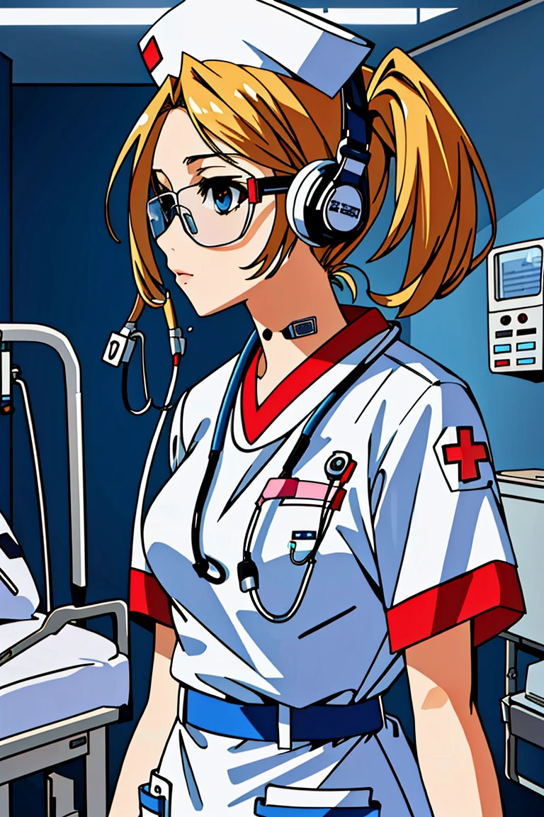 ((masterpiece, best quality,lower_body)), operating table,medical monitors,hospital bed,   <lora:Chika_Naruse_v1.2-000006:0.8> (chika naruse,twintails), <lora:cybr_nrs_v1.0-000006:0.6> (cyber_nrs, 1girl, short sleeves, headphones, nurse cap, nurse, name tag, tinted eyewear, stethoscope,cybernetic, futuristic),