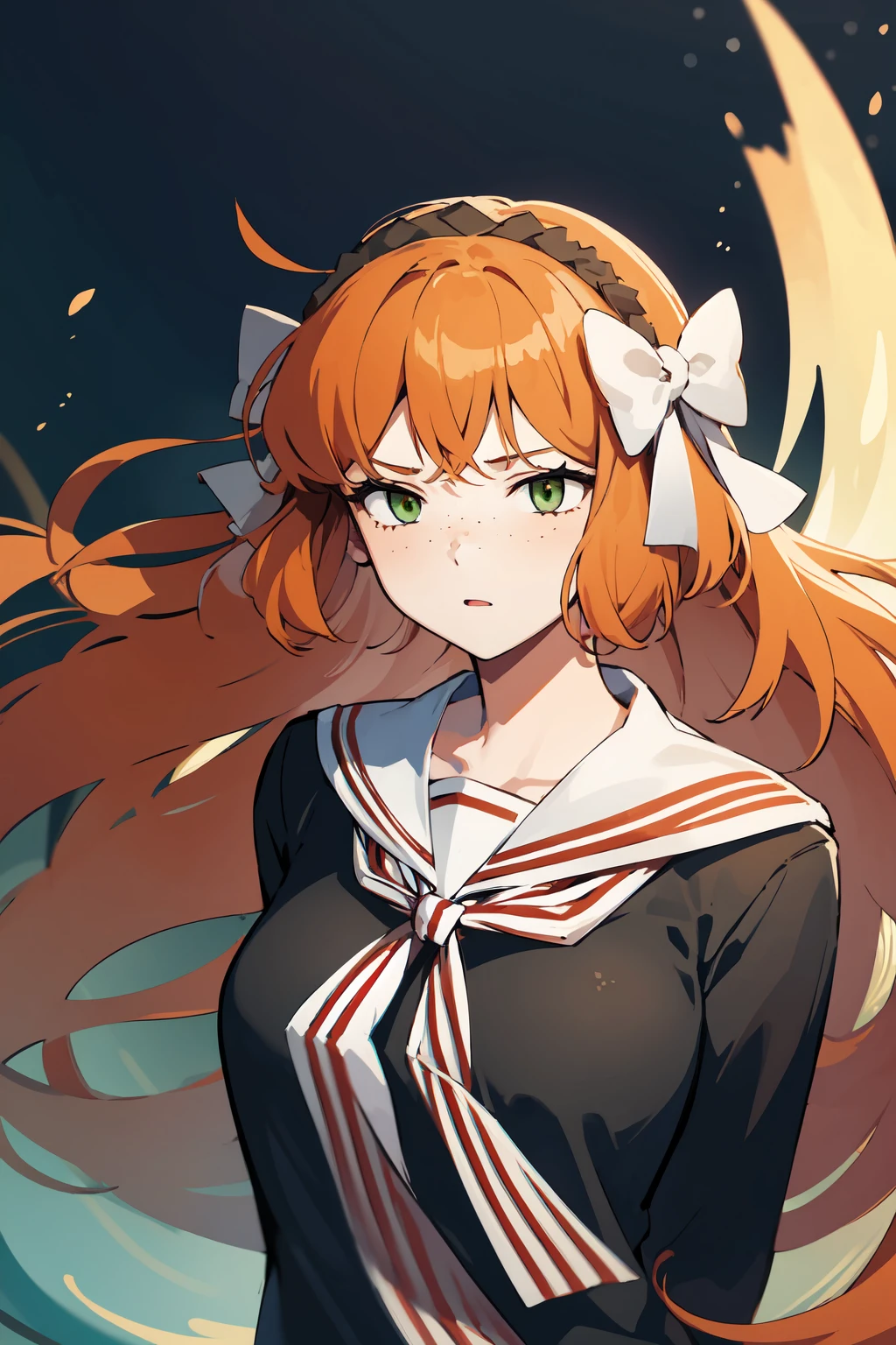 masterpiece, high quality, highres, 1girl, solo, <lora:ishmael-limbus-v4-wasabiya:1> ishmael, very long hair, orange hair, green eyes, freckles, hair bow, hairband, sailor, dark shirt, white sailor collar, arms behind back,