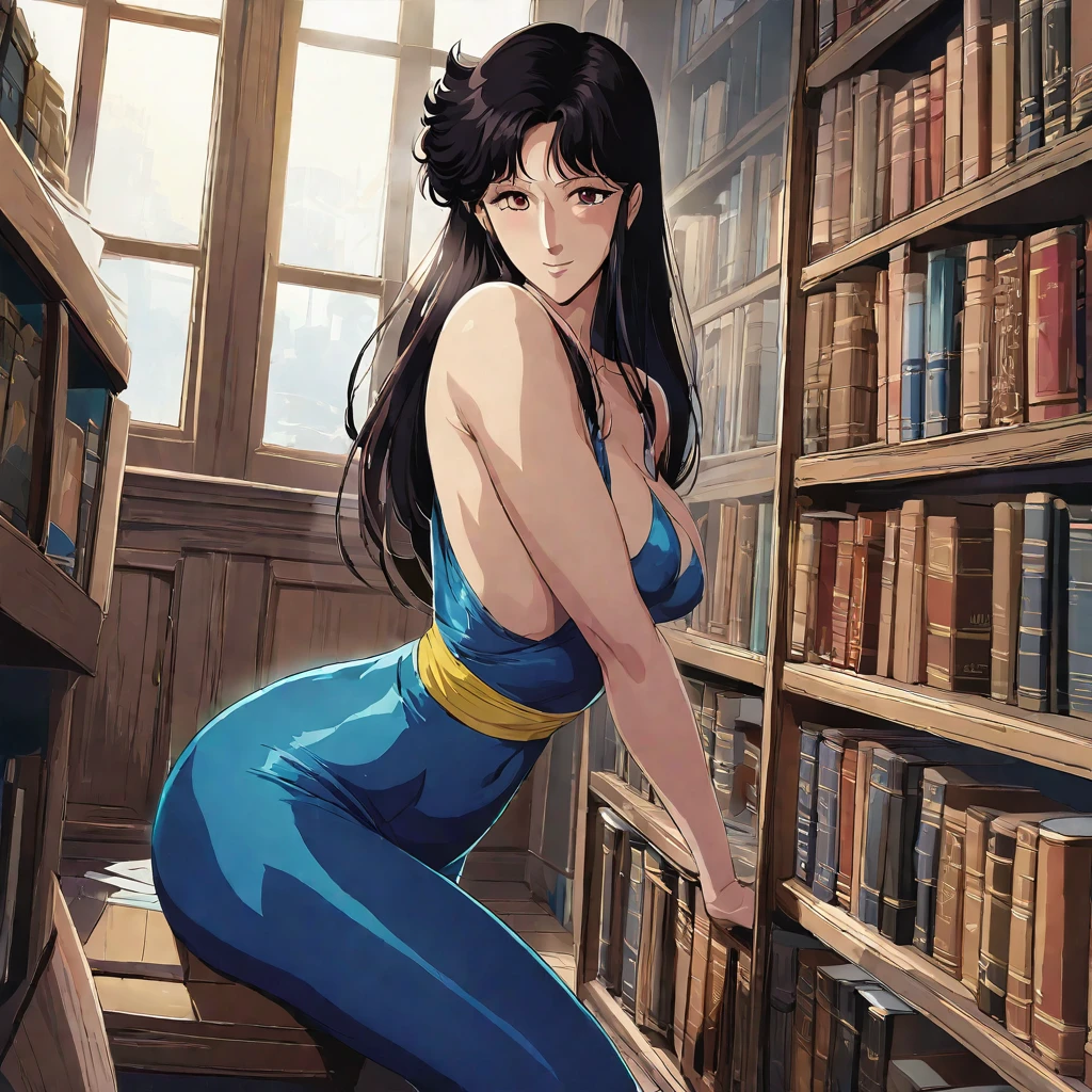 <lora:hitomi_anime_datasetv2_2AdamW-000006:1>,fh1to, Blue_Catsuit_Yellow_Belt,Victorian era library study complete with bookshelves full of books,beautiful window,dark wooden floorboards,<lora:add-detail-xl>,depth of field,Tyndall effect,seductive_smile,light_blush,bit_gag, (masterpiece),(best quality), wallpaper, extreme detail