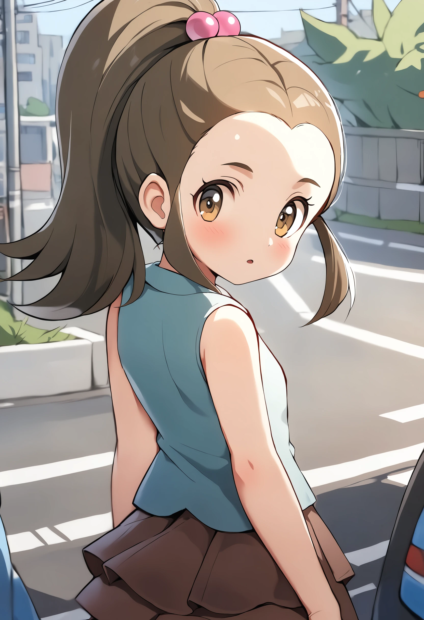 1girl,<lora:schoolkid orasXL:1>,schoolkid oras,hair bobbles,sleeveless shirt,brown skirt,cowboy shot,standing,outdoors,road,looking at viewer,ultra-detailed,best quality,masterpiece