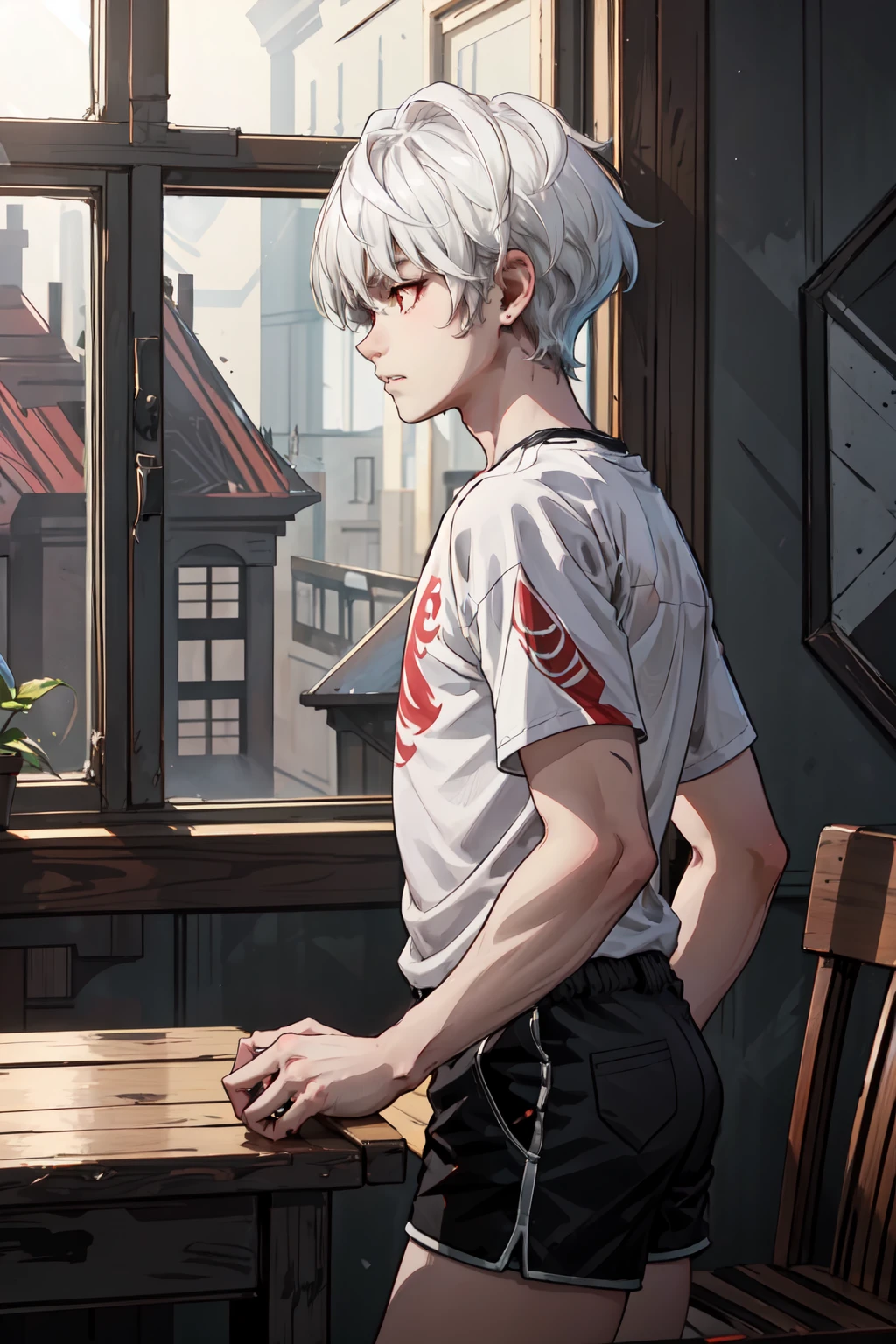 <lora:e7hastev2-2-09:.70> e7haste, 1boy, red eyes, white hair, siccar, from side, short sleeve, shorts, looking out a window, indoors, dayllight, cowboy shot, AS-YoungV2, GS-Boyish
