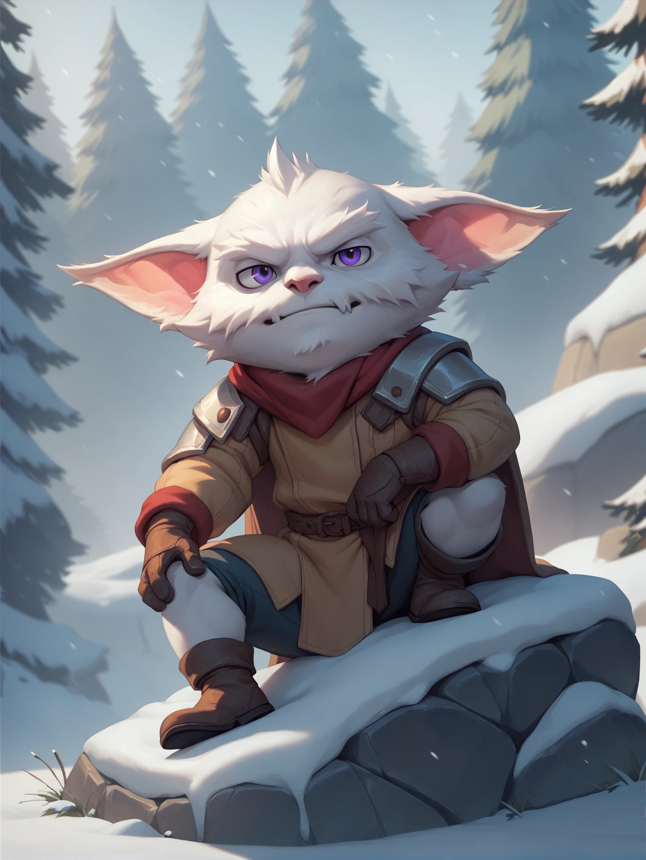 score_9, score_8_up, score_7_up, score_6_up, score_5_up, score_4_up, yordle male sitting on rock in snowy tundra, white fur,  <lora:LegendsofRuneterraXL:1>