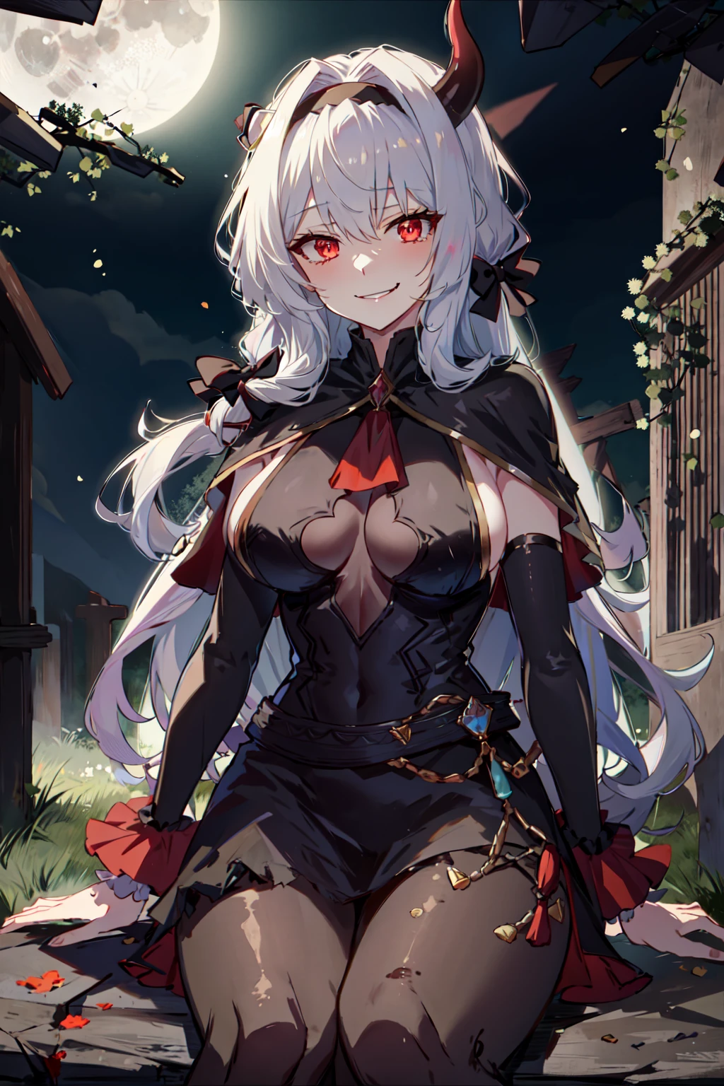 masterpiece,1girl,solo,sitting,mudrock \(silent night\) \(arknights\), \(arknights\),
long hair, forest, horns,white hair, cleavage, huge breasts, shadow,scenery,
