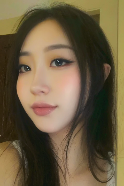 4k, 8k, ultra highres, raw photo in hdr, sharp focus, intricate texture, skin imperfections, realistic, detailed facial features, highly detailed face, posing,perfect lighting,long hair,(black hair),makeup,close-up,face only,facing viewer,smile,<lora:Apeachy7:0.7> Apeachy7,looking up