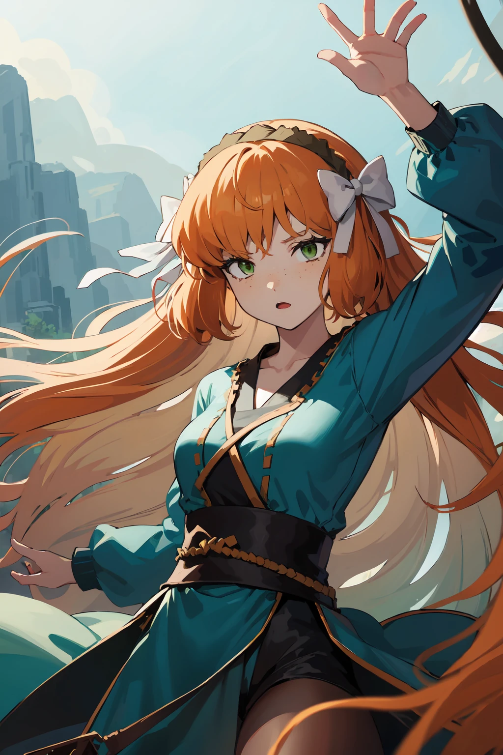 masterpiece, high quality, highres, 1girl, solo <lora:ishmael-limbus-v4-wasabiya:1> ishmael, very long hair, orange hair, green eyes, freckles, hair bow, hairband, green colored tips