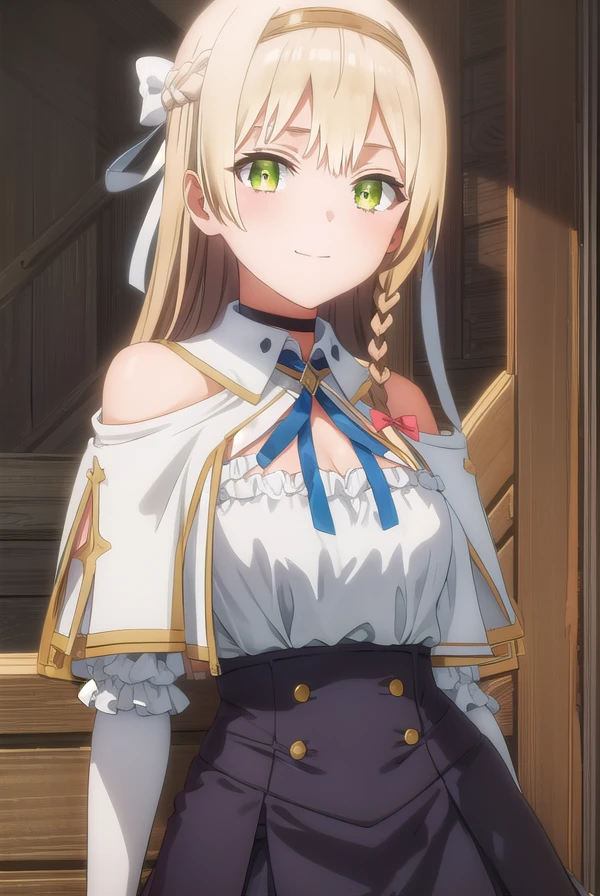 klaudiavalentz, <lora:klaudia valentz s1-lora-nochekaiser:1>,
klaudia valentz, long hair, blonde hair, bow, ribbon, (green eyes:1.3), braid, hairband, side braid, smile,
BREAK skirt, gloves, cleavage, choker, capelet, bridal gauntlets, white capelet,
BREAK outdoors,
BREAK looking at viewer, (cowboy shot:1.5),
BREAK <lyco:GoodHands-beta2:1>, (masterpiece:1.2), best quality, high resolution, unity 8k wallpaper, (illustration:0.8), (beautiful detailed eyes:1.6), extremely detailed face, perfect lighting, extremely detailed CG, (perfect hands, perfect anatomy),