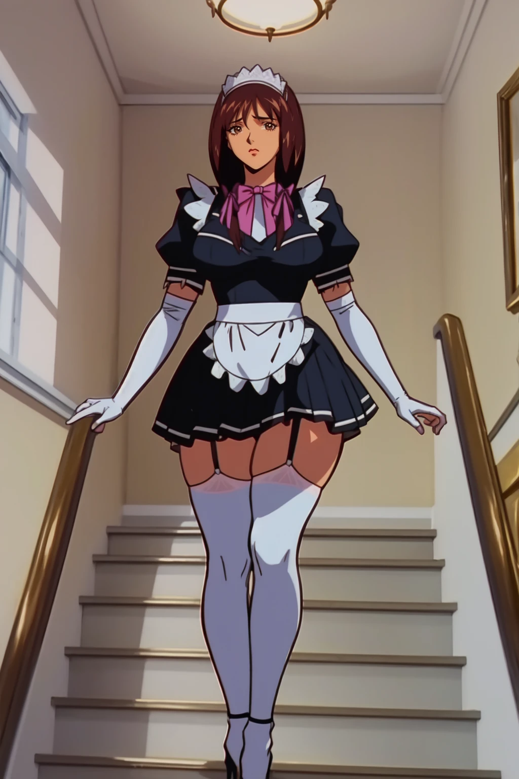 (highres, high quality:1.2), intricate details, cinematic lighting, retro artstyle, 1990s \(style\),
NanaMorimura, 1girl, mature female, solo, walking, (on stairs, climbing ladder:1.1), full body, close-up, from below,
looking at viewer, embarrassed,
brown hair, long hair, brown eyes, (hair ribbon:1.1),
maid, maid headdress, bowtie, maid apron, black shirt, puffy short sleeves, white elbow gloves, miniskirt, white thighhighs, garter straps, high heels, panties,
(curvy:1.1), large breasts,
indoors, luxury room, window, mansion,
<lora:NanaMorimura:0.95>