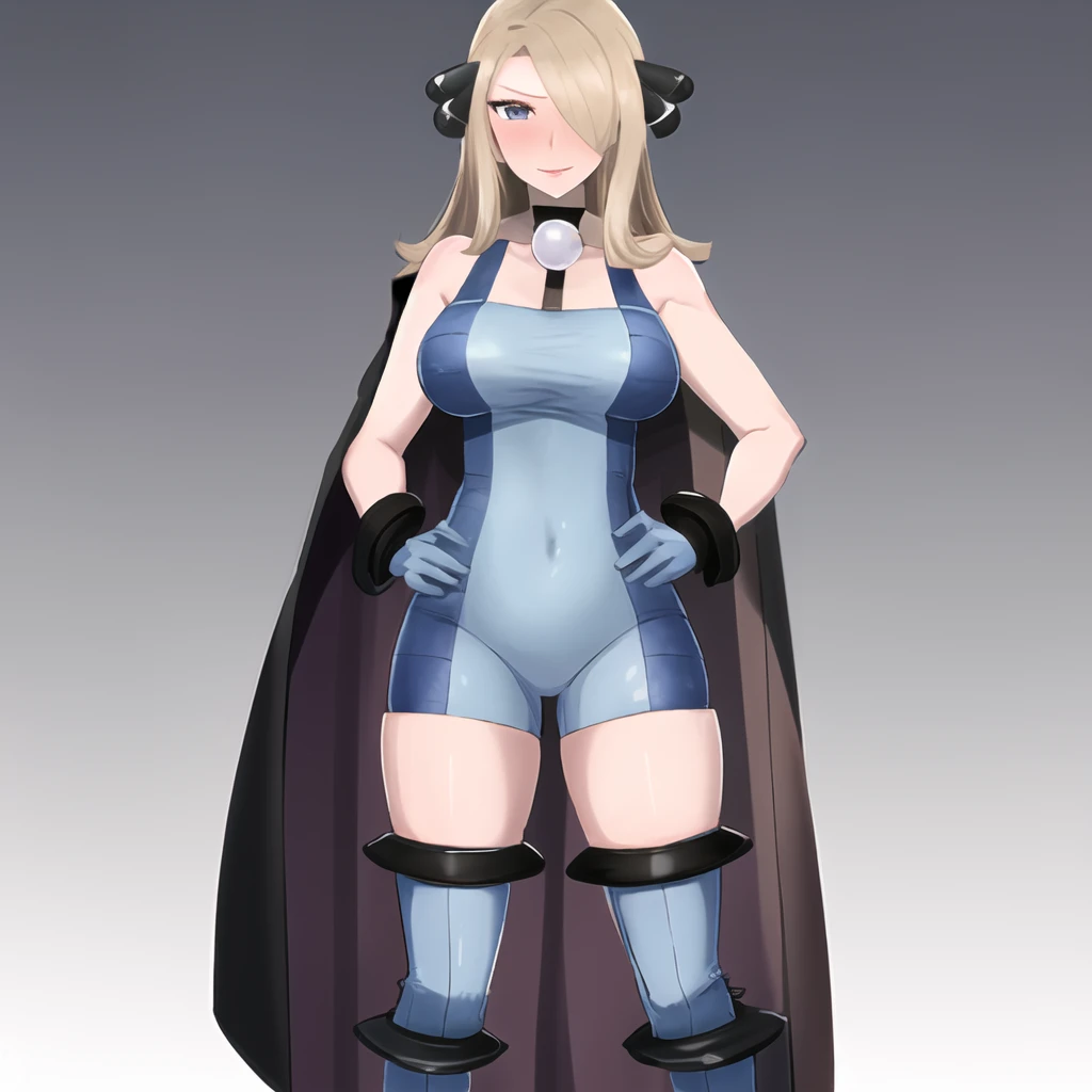 masterpiece, best quality, highly detailed, 1girl, solo, cynthia_pokemon,
one eye covered, hair over one eye, blonde hair, blue eyes, pink lips, hair ornament, large breasts, seductive smile, long hair, grey eyes, blush,
standing, contrapposto, hand on hip,
<lora:cynthia_pokemon:0.9> <lora:clair_outfit-08:1> (clair_outfit:1.4), bodysuit, blue bodysuit, two-tone bodysuit, bare shoulders, sleeveless, cape, black cape, purple cape, two-sided cape, necklace, collar, choker, gloves blue gloves, boots, knee boots, blue boots, blue footwear, gem, pearl (gemstone)