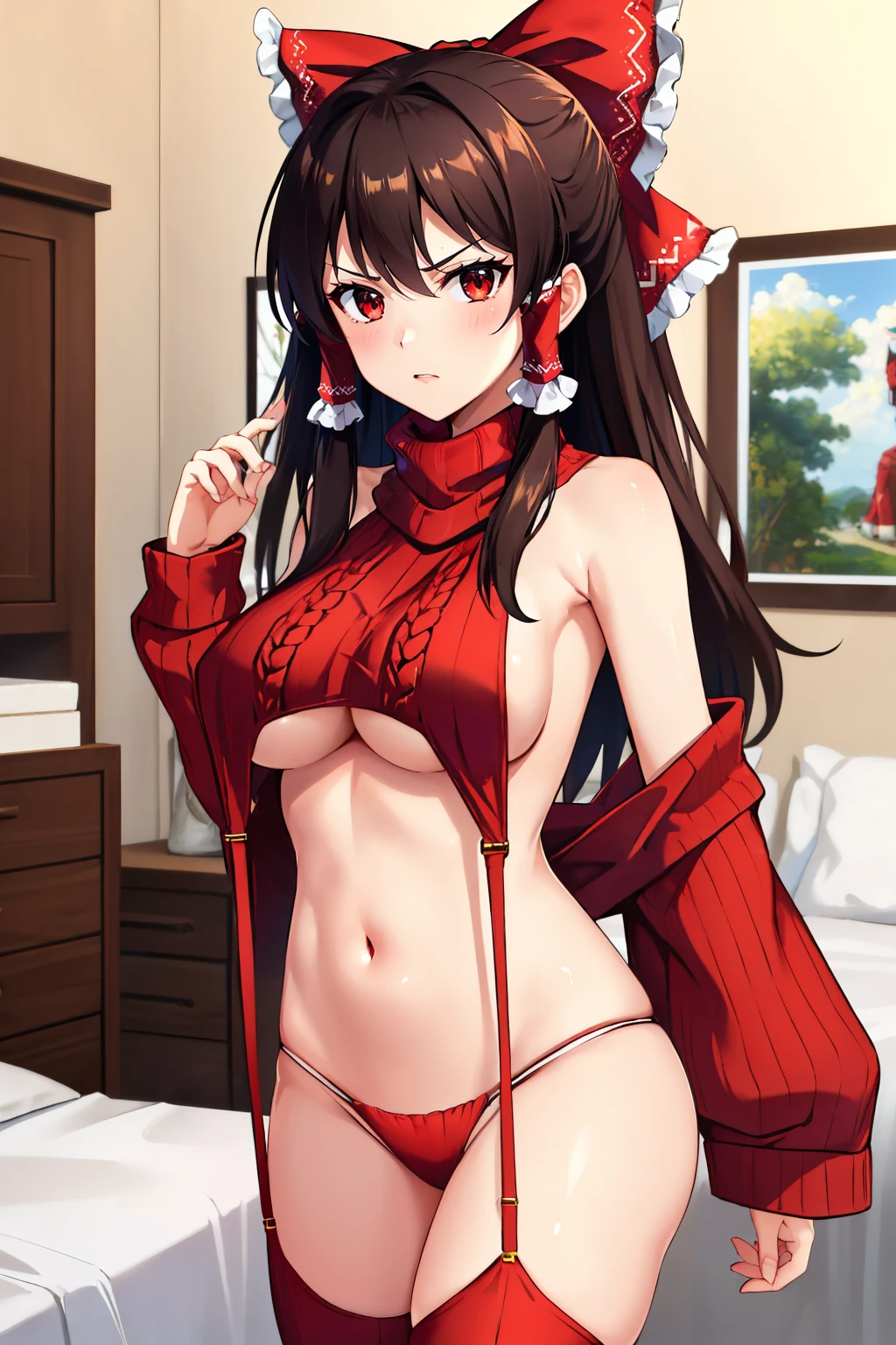 (masterpiece, best quality:1.2), solo, 1girl, hakurei reimu, unamused, looking at viewer, standing, hair bow, hair tubes, red eyes, virgin destroyer sweater, red sweater, sideboob, underboob, red panties, red thighhighs, indoors, bedroom <lora:attire_virgindestroyer-10:1>