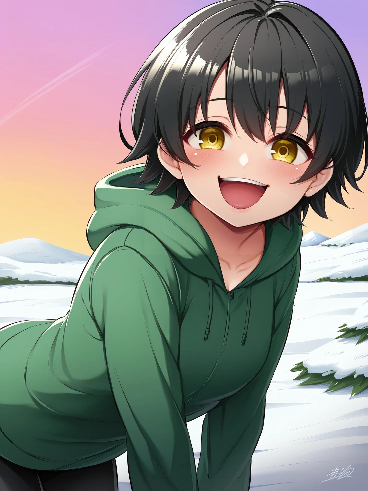 score_9,1girl,solo,light blush,yellow eyes,black hair,short hair,laughing,giggling,open mouth,leaning forward,looking at viewer,close up,arm over chest,green winter_clothes,snow,<lora:MusouzukiXL:0.8>,