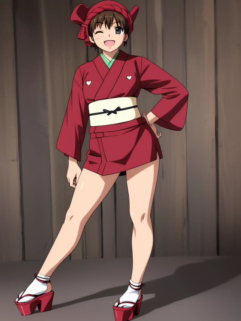 <lora:kaede:0.8>,kaede, 1girl, solo, one eye closed, brown hair, japanese clothes, hand on hip, short hair, short kimono, open mouth, smile, kimono, high heels, ;d, standing, full body, legs, looking at viewer, long sleeves, sash, sandals,
masterpiece, high quality, very_high_resolution, large_filesize, full color,