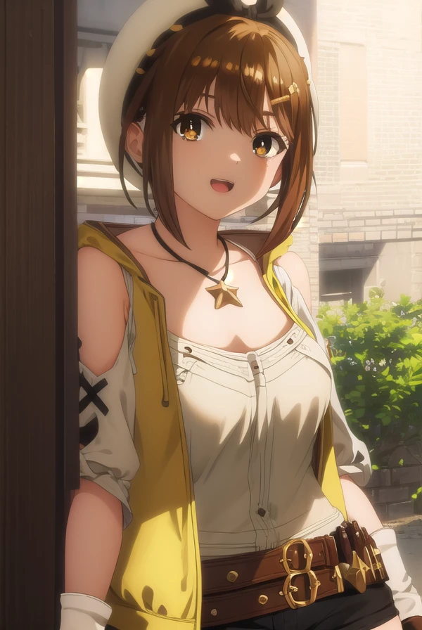 reisalinstout, <lora:reisalin stout s1-lora-nochekaiser:1>,
reisalin stout, short hair, brown hair, hair ornament, (brown eyes:1.5), hairclip, smile, open mouth,
BREAK thighhighs, gloves, hat, jewelry, jacket, thighs, shorts, belt, necklace, star \(symbol\), short shorts, white headwear, brown gloves, single glove, yellow jacket, red shorts, leather, sleeveless jacket, star necklace, leather gloves,
BREAK outdoors,
BREAK looking at viewer, (cowboy shot:1.5),
BREAK <lyco:GoodHands-beta2:1>, (masterpiece:1.2), best quality, high resolution, unity 8k wallpaper, (illustration:0.8), (beautiful detailed eyes:1.6), extremely detailed face, perfect lighting, extremely detailed CG, (perfect hands, perfect anatomy),