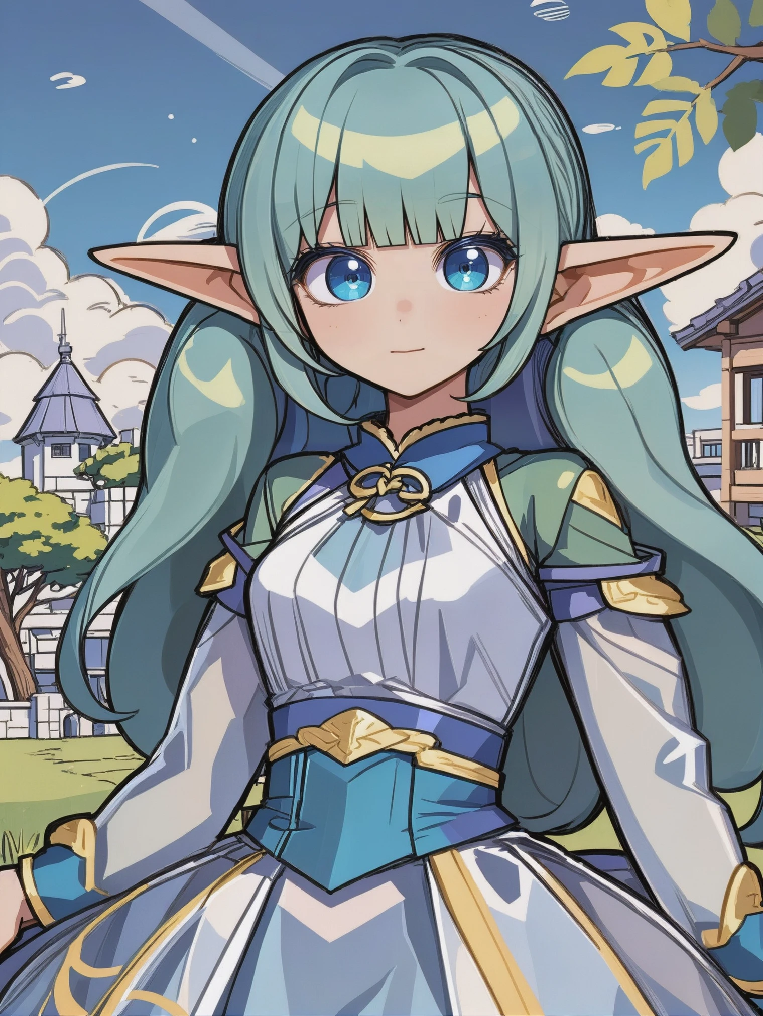 kawaii, cute, 1girl, woman, (villanous steely swimmer necromancer:1.3), elf, light peru eyes, pose, lying on grass, (long dress, navel cutout:1.2) [:intricate, casual costume design:0.2], bombshell hair, blue-grey and gold hair, Curtain Bangs, (small breasts:1.5), wide hips, narrow waist, slim perfect hourglass figure,, (african, dark skin:0.6), morning, blue sky, clouds, architecture, "at the Metallic quantum Nexus", set<lora:EnvyBetterHiresFixXL01:0@0,0@.49,1@.5:hr=1> <lora:EnvyPastelAnimeXL01:1><lora:EnvyCuteXL01v12:1>