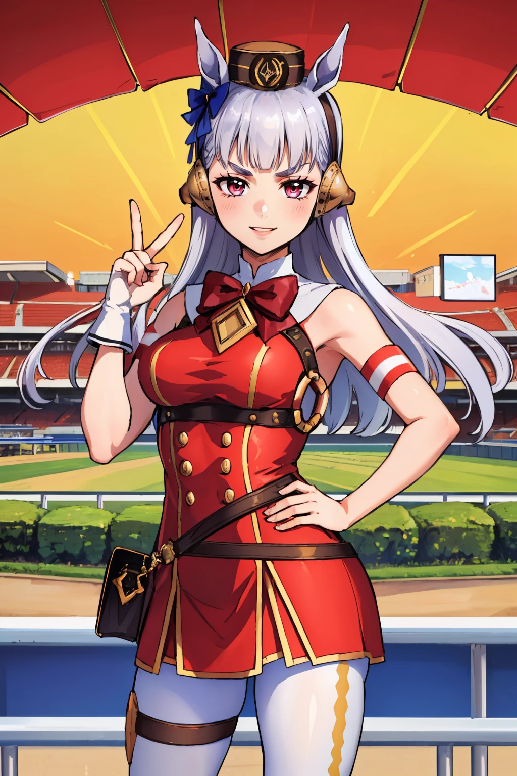 (masterpiece, best quality:1.2), umpdgoldship, smile, looking at viewer, hand on hip, pillbox hat, v-shaped eyebrows, red dress, bow, sleeveless, white pantyhose, boots, horse tail, racetrack <lora:umamusume_goldship:1>