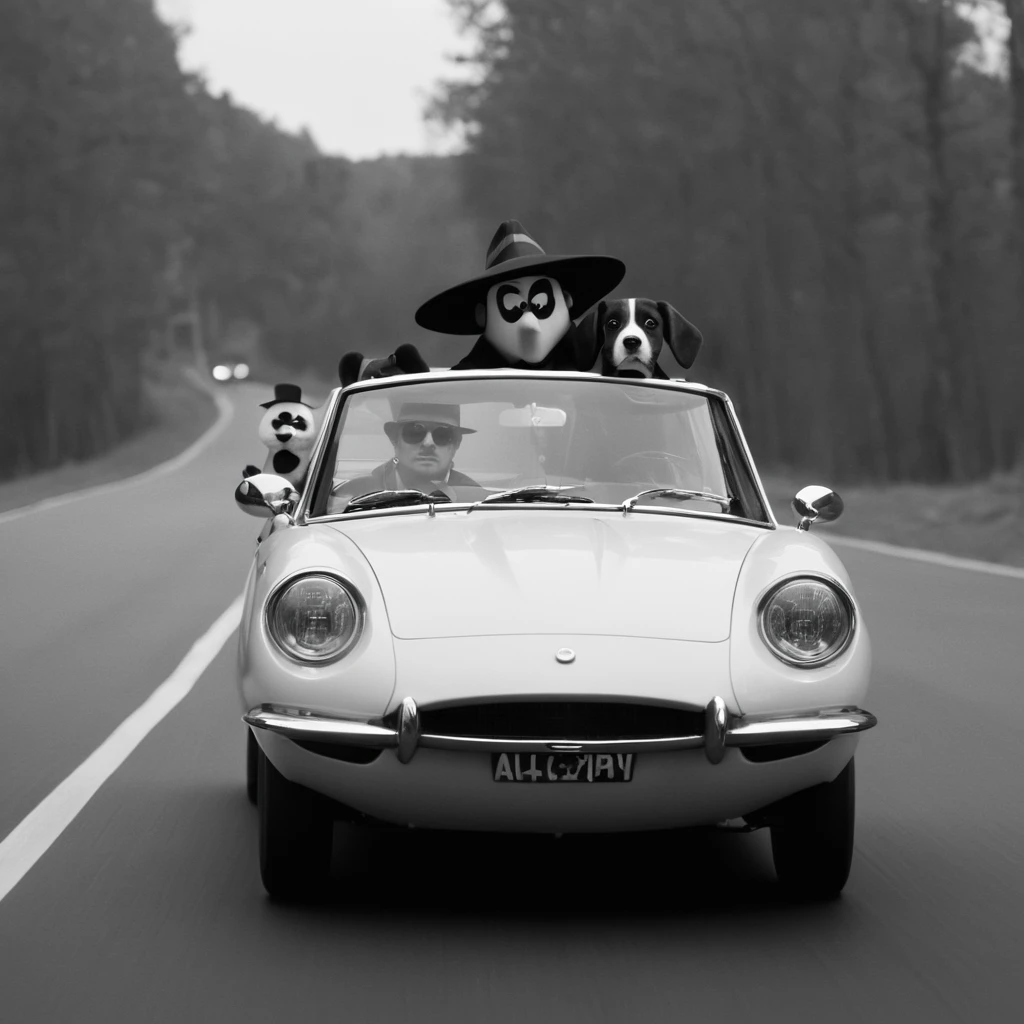 cinematic film still of  <lora:spy vs spy style:1>
black vs white a cartoon driving a car with a dog in the back spy vs spy style,solo,1boy,hat,monochrome,greyscale,no humans,bird,parody,ground vehicle,motor vehicle,car,vehicle focus,fedora,driving cartoon, anime, funny, shallow depth of field, vignette, highly detailed, high budget, bokeh, cinemascope, moody, epic, gorgeous, film grain, grainy