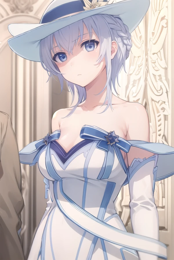 seitenshi, <lora:seitenshi s1-lora-nochekaiser:1>,
seitenshi, short hair, braid, white hair, (grey eyes:1.3),
BREAK gloves, hat, dress, bare shoulders, collarbone, elbow gloves, white gloves, white dress, white headwear, sun hat, long dress, hat flower,
BREAK indoors,
BREAK looking at viewer, (cowboy shot:1.5),
BREAK <lyco:GoodHands-beta2:1>, (masterpiece:1.2), best quality, high resolution, unity 8k wallpaper, (illustration:0.8), (beautiful detailed eyes:1.6), extremely detailed face, perfect lighting, extremely detailed CG, (perfect hands, perfect anatomy),