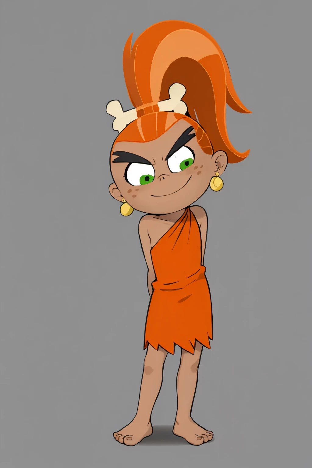masterpiece, best quality,
1girl, davefang, orange hair, ponytail, green eyes, dress, barefoot, dark skin, earrings, cartoon, smile,
arms behind back, solo, looking at viewer, simple background <lora:Fang:1>