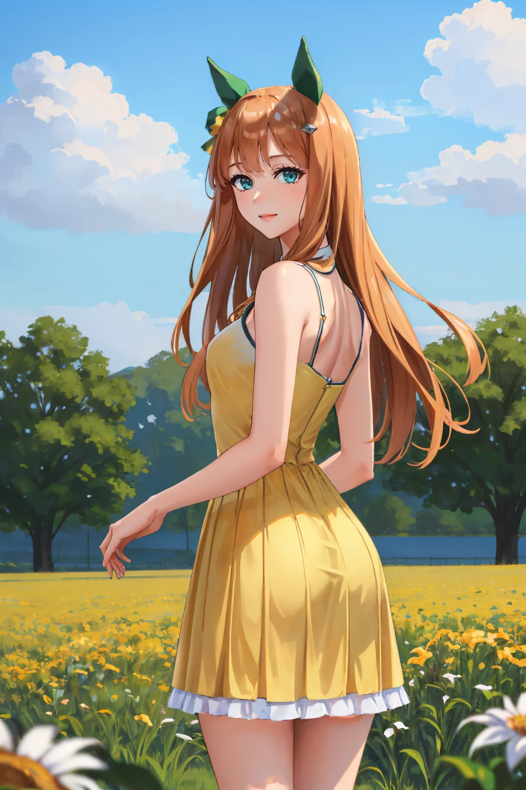 (masterpiece, best quality:1.2), solo, 1girl, silencesuzuka, smile, looking back, horse ears, green eyes, yellow sundress, horse tail, flower field <lora:umamusume_silencesuzuka:0.8> <lora:YellowSundress-45:1>