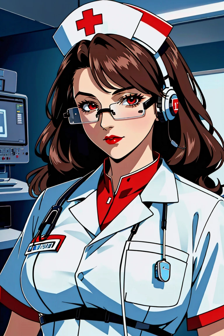 ((masterpiece, best quality,lower_body)), operating table,medical monitors,hospital bed,   <lora:cybr_nrs_v1.0-000006:0.8> (cyber_nrs,, 1girl, short sleeves, headphones, nurse cap, nurse, name tag, tinted eyewear, stethoscope,cybernetic, futuristic), <lora:Professor_Astray-KK77-V1:0.6> ((brown_hair,brown_eyes,Very_long_hair,glasses,lipstick,makeup,red_lips,1girl,solo)),