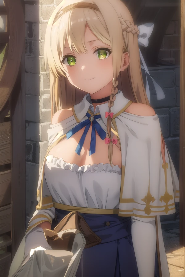 klaudiavalentz, <lora:klaudia valentz s1-lora-nochekaiser:1>,
klaudia valentz, long hair, blonde hair, bow, ribbon, (green eyes:1.3), braid, hairband, side braid, smile,
BREAK skirt, gloves, cleavage, choker, capelet, bridal gauntlets, white capelet,
BREAK outdoors,
BREAK looking at viewer, (cowboy shot:1.5),
BREAK <lyco:GoodHands-beta2:1>, (masterpiece:1.2), best quality, high resolution, unity 8k wallpaper, (illustration:0.8), (beautiful detailed eyes:1.6), extremely detailed face, perfect lighting, extremely detailed CG, (perfect hands, perfect anatomy),