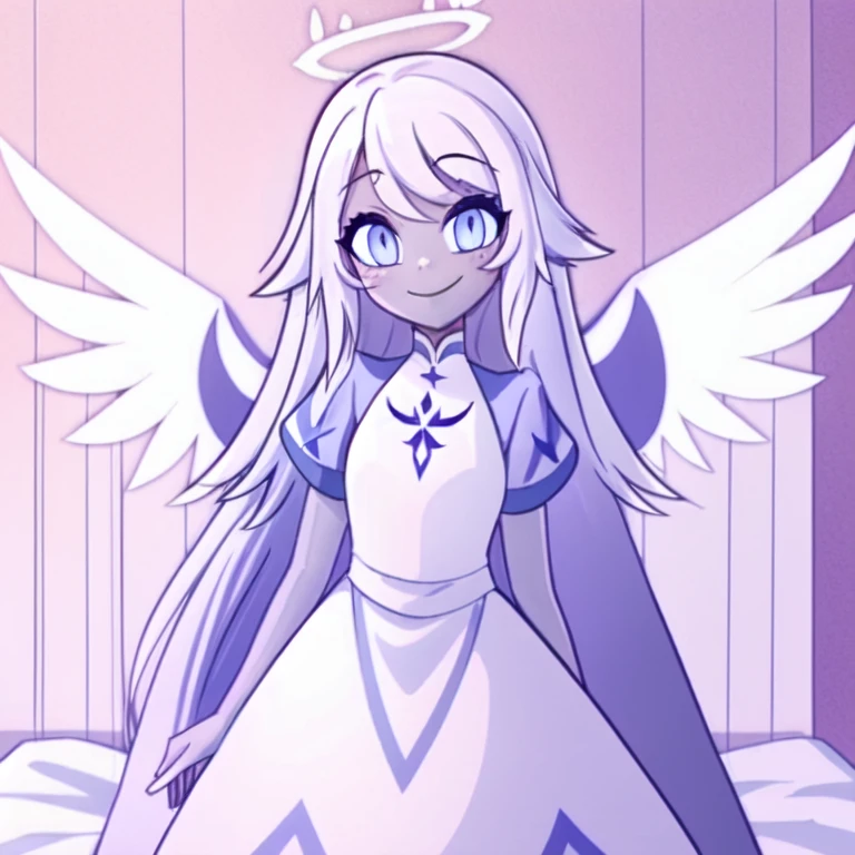 (bedroom background:1.1, window, shelves, wooden floor, blue walls, sexy, pussy, spreading legs:1.1), looking at viewer, a girl, angel, symmetrical angel wings, blue eyes, colored skin, Emily, grey skin:1.2, halo, light blue sclera, long hair, closed mouth, petite, smile, very long hair, white dress, white hair, <lora:EmilyHazbinV2:0.8>