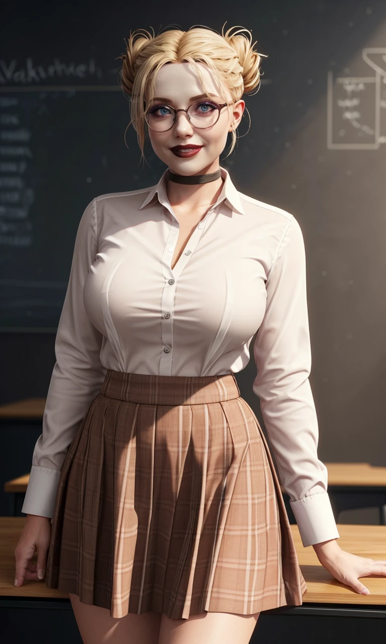 harleyssktjl2024, 1girl, model shoot, brown suit, brown skirt, classroom, chalkboard, naughty teacher, glasses, pov, photorealistic, 8k, uhd, masterpiece, detailed skin, skin pores, intricate, depth of field, full body, raw image, double bun, makeup, blonde hair, crazy smile, cinematic lighting, large breasts, multicolored hair