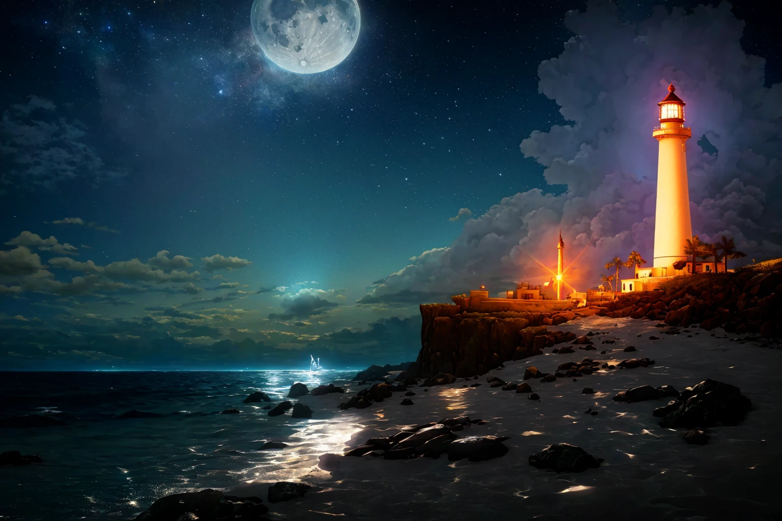 masterpiece, ultra-detailed, best quality, illustration, 8k cg wallpaper, an extremely delicate and beautiful, stunning landscape, beach, lighthouse, moon, stars, clouds, intricately detailed items in background, <lora:Unravel:1>