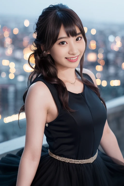 1girl, (sleeveless dress:1.6),(RAW photo, best quality), (realistic, photo-realistic:1.4), (ultra detailed:1.8),masterpiece, an extremely delicate and beautiful, extremely detailed, 2k wallpaper, Amazing, finely detail, extremely detailed CG unity 8k wallpaper, ultra-detailed, highres, soft light, beautiful detailed girl, extremely detailed eyes and face, beautiful detailed nose, beautiful detailed eyes,(professional lighting:1.6),(night, city view:2.0),perfect anatomy,(slender body:1.8),(close up:2.4),(light smile,cheerful,friendly, warm:1.8),(looking at viewer:1.8),(young japanese:1.8),(smooth long hair:1.6), (brown eyes:1.8),(standing:2.0), (blurry,bokeh background:1.6), <lora:yamashitananami_lora-10:0.8>