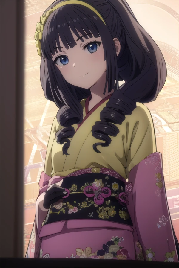 miorishiba, <lora:miori shiba s1-lora-nochekaiser:1>,
miori shiba, long hair, black hair, hair ornament, (black eyes:1.3), hairband, drill hair, smile,
BREAK japanese clothes, kimono,
BREAK indoors,
BREAK looking at viewer, (cowboy shot:1.5),
BREAK <lyco:GoodHands-beta2:1>, (masterpiece:1.2), best quality, high resolution, unity 8k wallpaper, (illustration:0.8), (beautiful detailed eyes:1.6), extremely detailed face, perfect lighting, extremely detailed CG, (perfect hands, perfect anatomy),